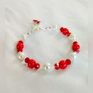 Red and White Glass Pearl and Crystal Bead Dragonfly Bracelet
